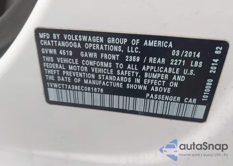 2014 Volkswagen Passat 1.8T Sel Premium z USA, uszkodzony, nr VIN 1VWCT7A38EC081676